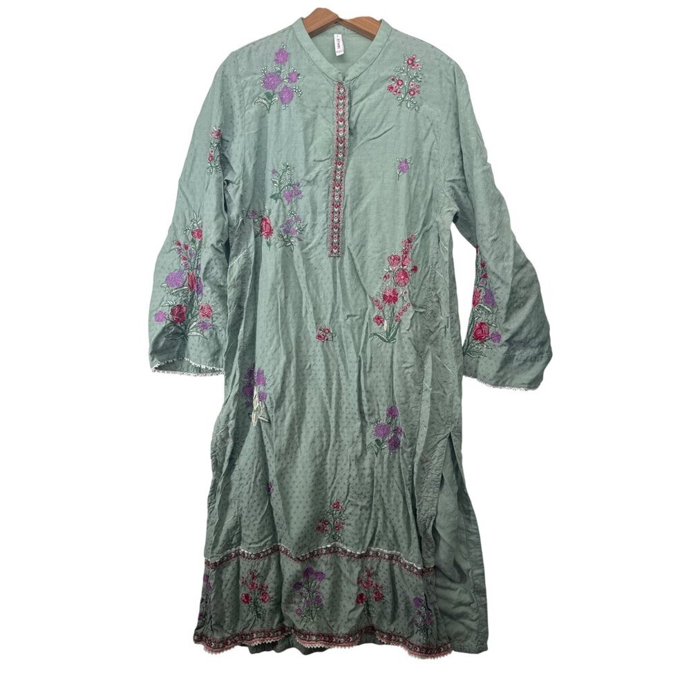 ETHNC Womens Kurti Kurta Tunic Longline Sz L Sage Green Embroidered Floral